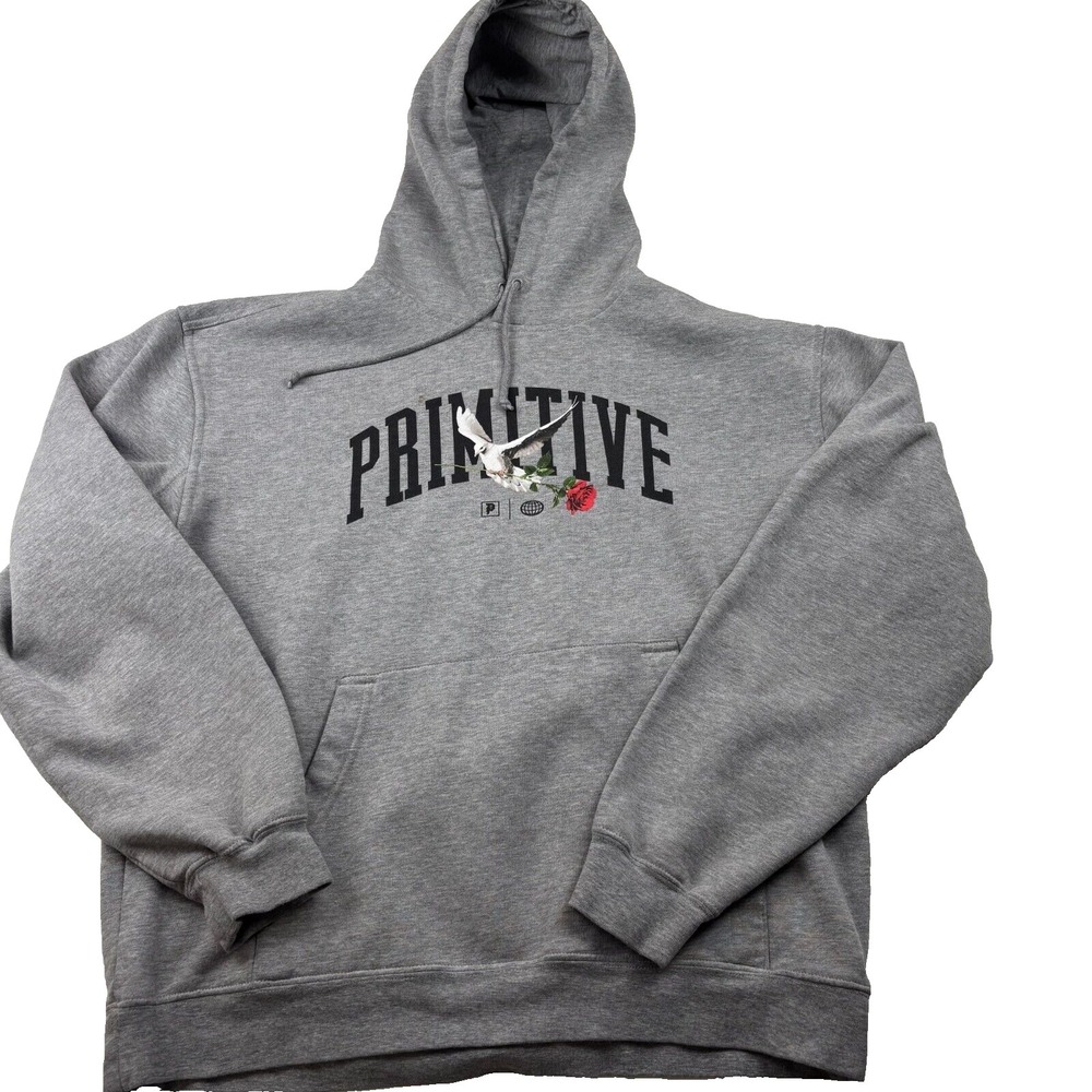 Primitive Messenger Hoodie Mens' Large Heather Gray Cotton Dove and Rose